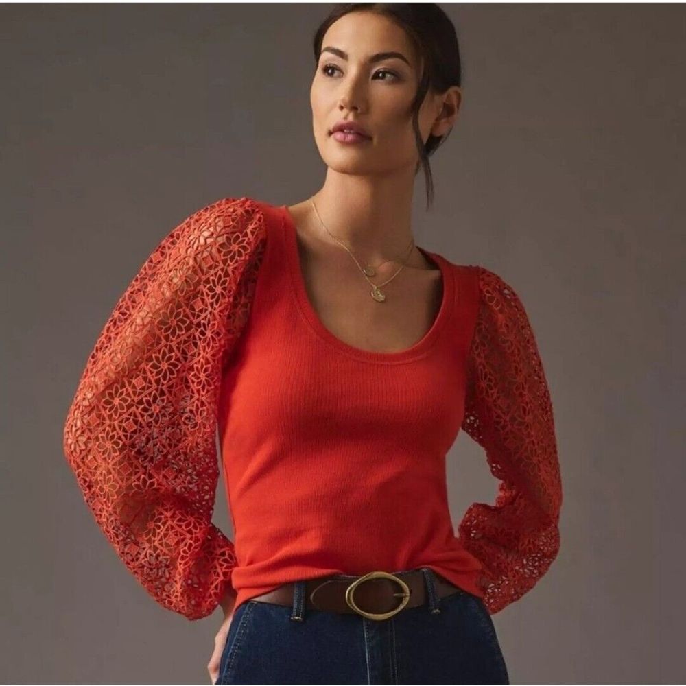 Anthropologie Maeve Lace-Sleeve Top in Dark Orange Red Sz Small